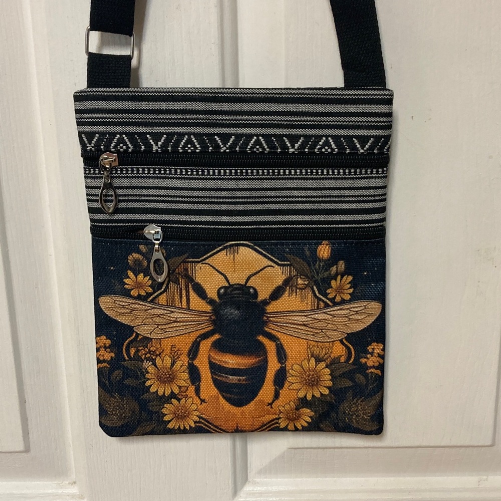 Bee Print Crossbody Bag in Black and Mustard